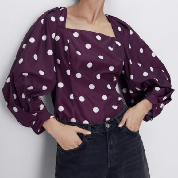 Zara Purple Polkadot Puff Sleeve Square Neck Taffeta Blouse Size Medium - Picture 1 of 9